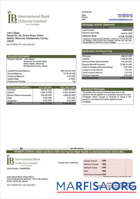 Downloadable Liberia International Bank Liberia (IBLL) mortgage statement Word and PDF template